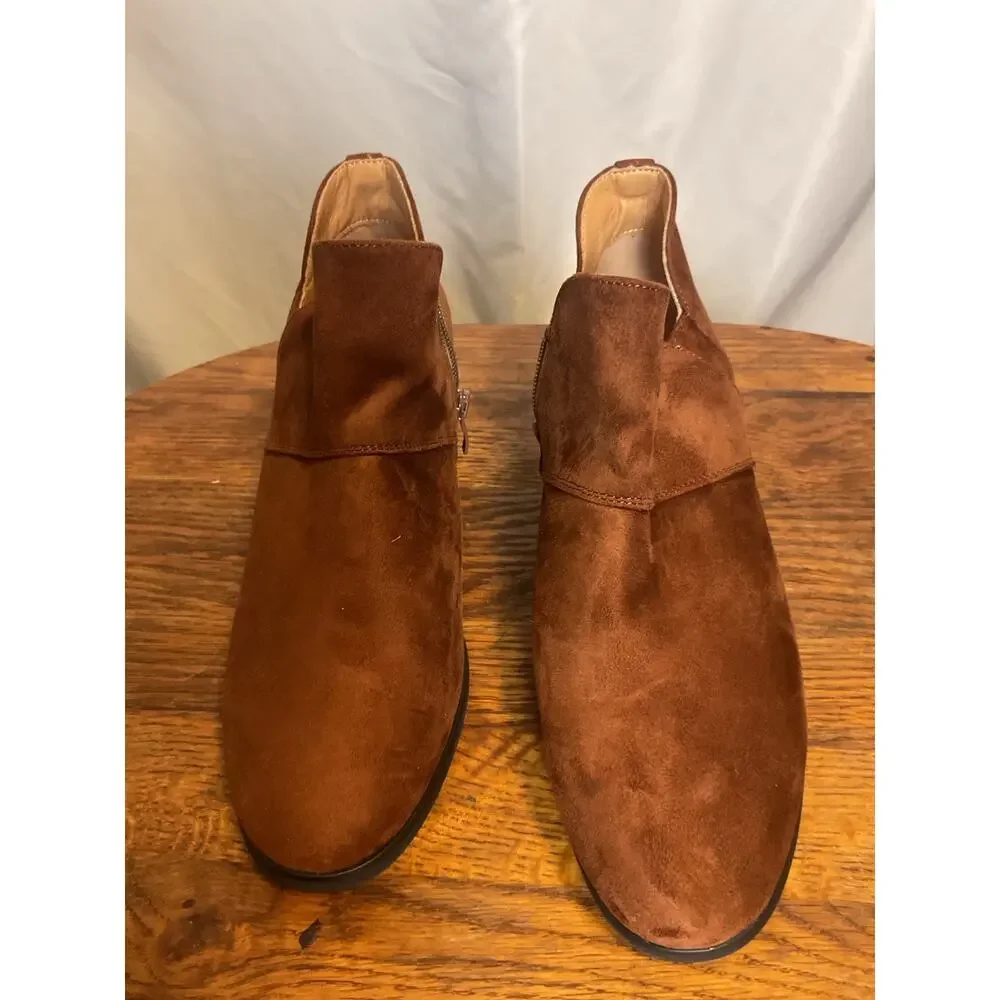 Women’s Brown Suede Ankle Boots Cutout Side Zip Block Heel Size 7.5